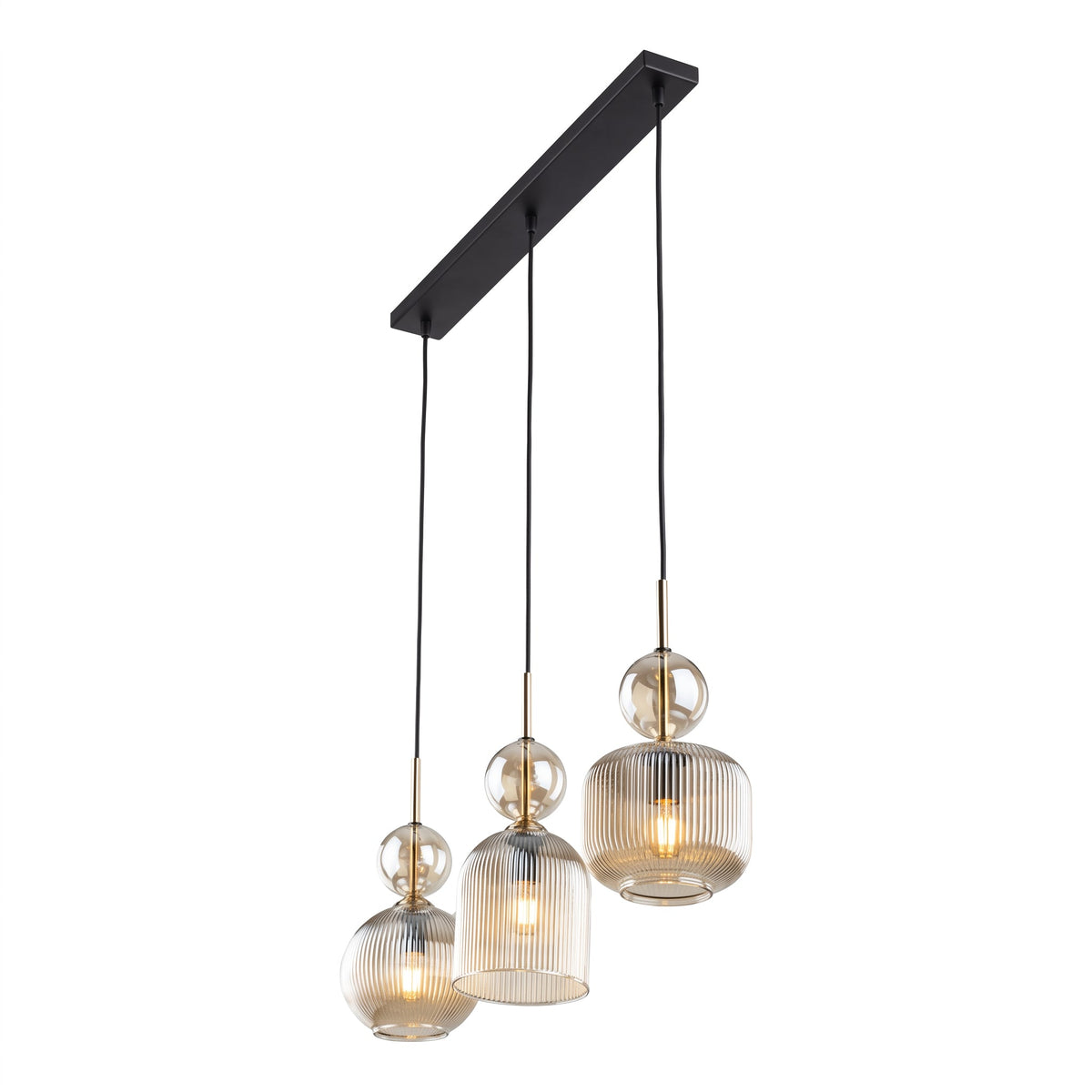 SOPHIA Cognac Ribbed Glass 3-Light Linear Pendant for Dining, Living Room & Kitchen