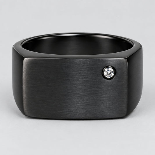 SteelTime Men's Black Stainless Steel Signet Ring with Stone Detail