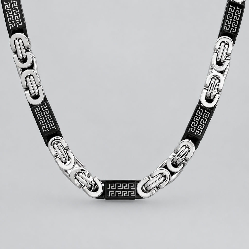 SteelTime Men's Two Tone Stainless Steel and Black IP Byzantine Necklace with Greek Key Accents