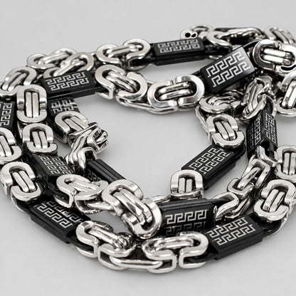 SteelTime Men's Two Tone Stainless Steel and Black IP Byzantine Necklace with Greek Key Accents