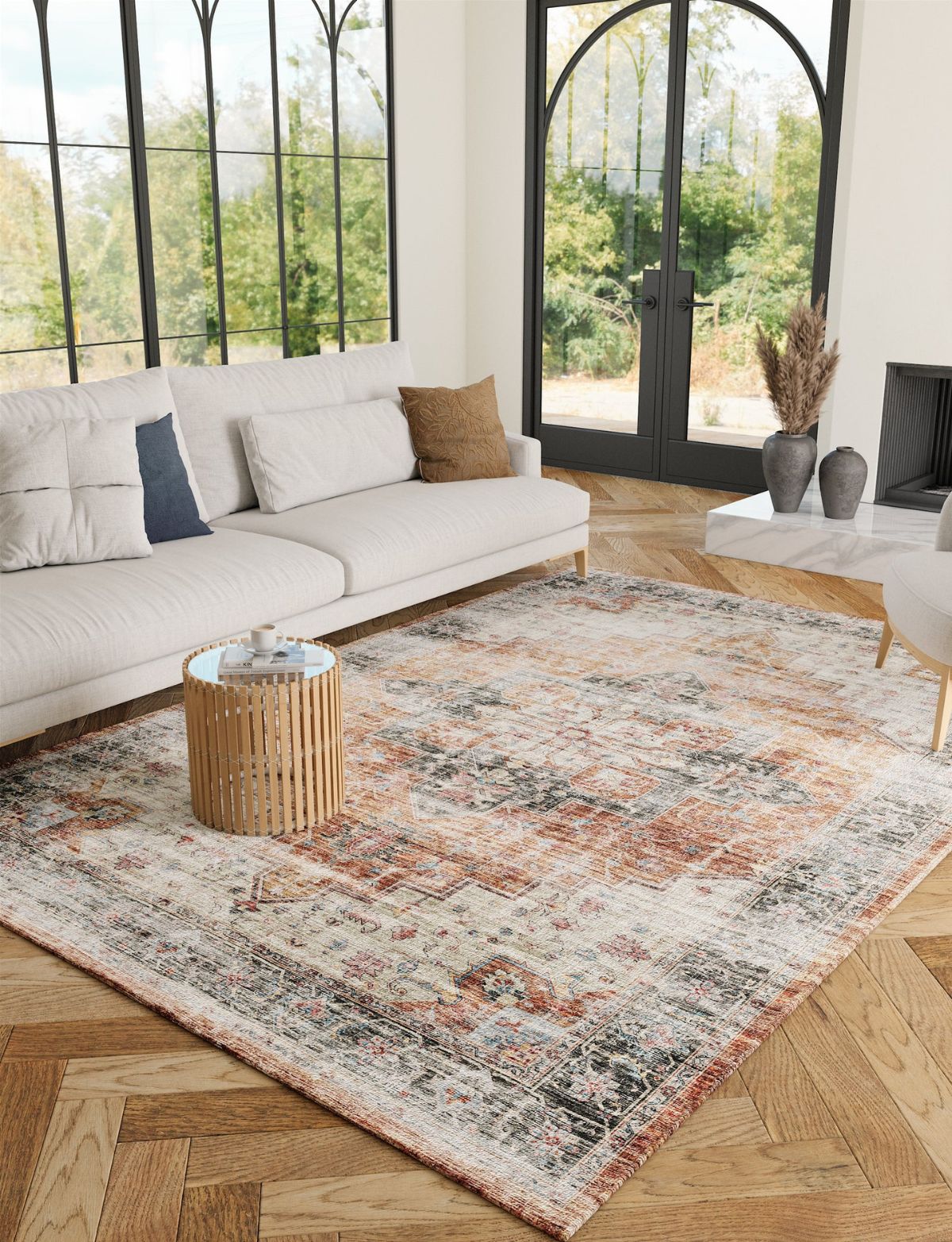 Echo Teppich in den Farben Burnt Orange, Schwarz und Pink