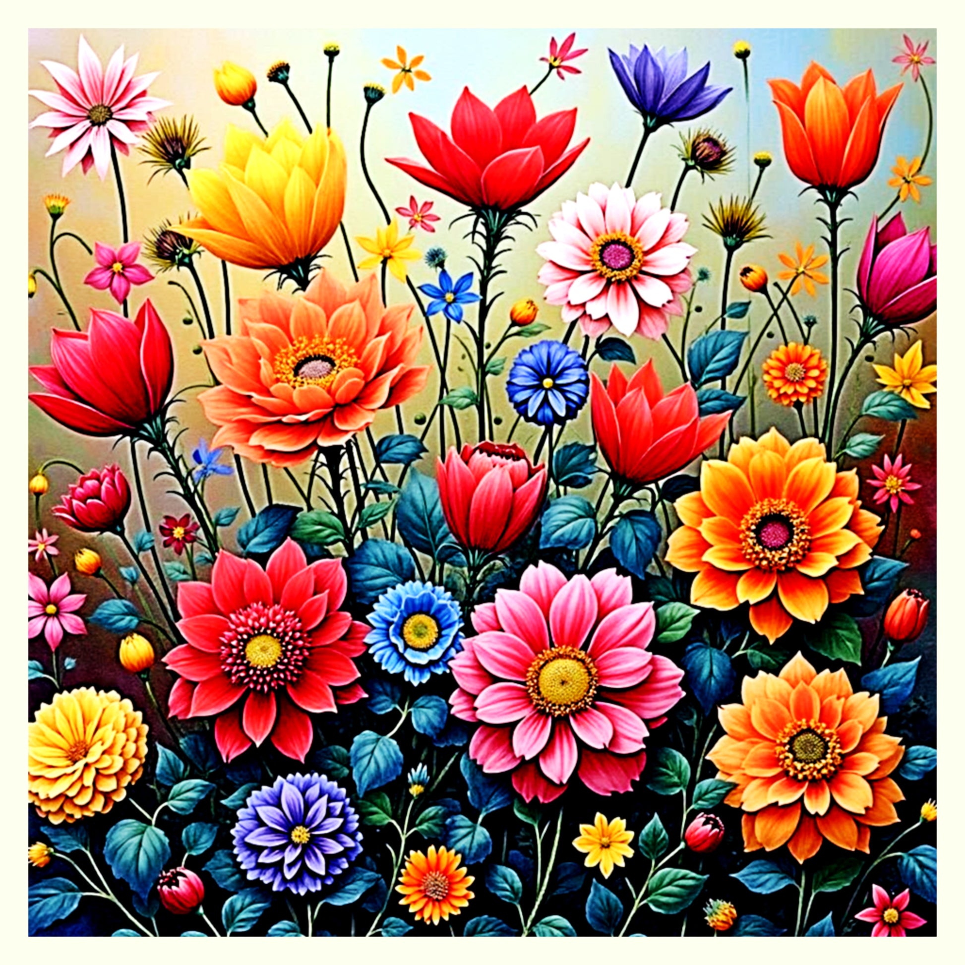 Vibrant Mid-Century Modern Wildflower Meadow Digital Art - 8192px Square - AURABAGS SHOP
