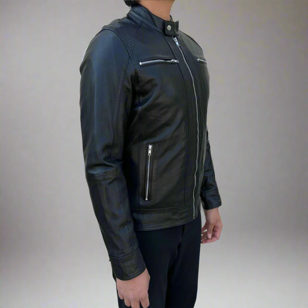 Men’s Sheep Leather Jacket. 4-Pocket, Stand Snap Collar & Silver Zippers