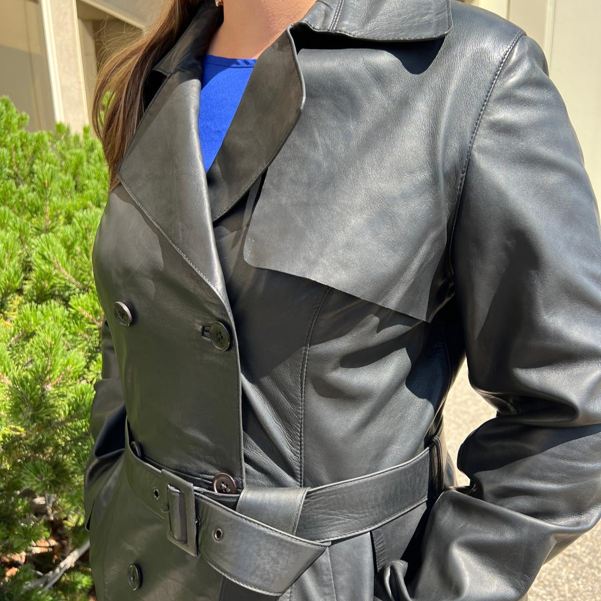 Women's Classic Leather Trench Coat. Double-Breasted Button Closure with Adjustable Belt