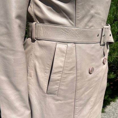 Women's Classic Leather Trench Coat. Double-Breasted Button Closure with Adjustable Belt