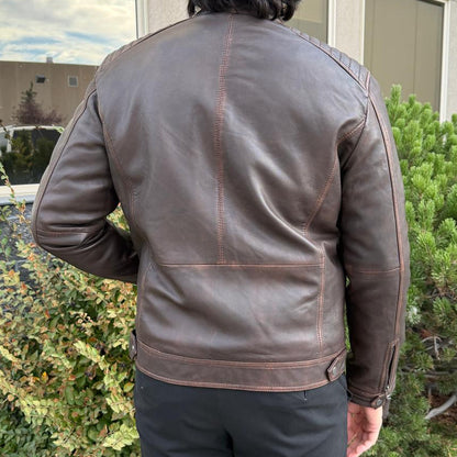 Men's Lamb Leather Jacket. Brown Vintage Style with Zip Pockets