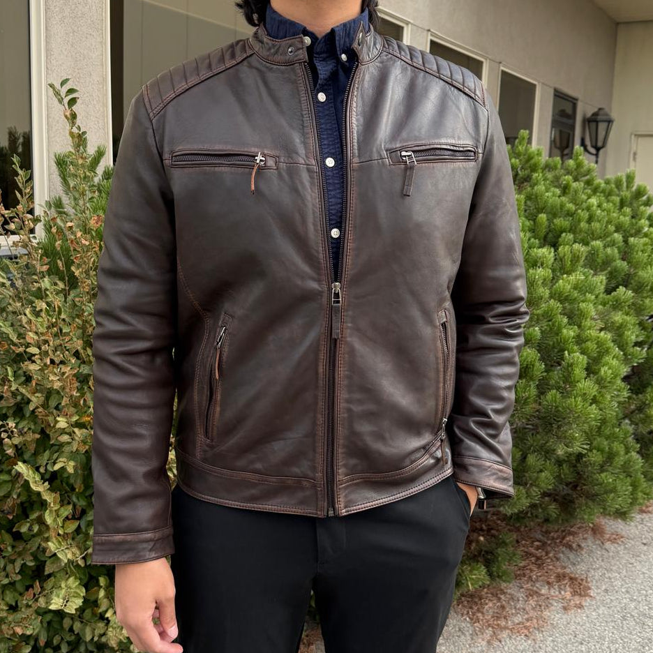 Men's Lamb Leather Jacket. Brown Vintage Style with Zip Pockets
