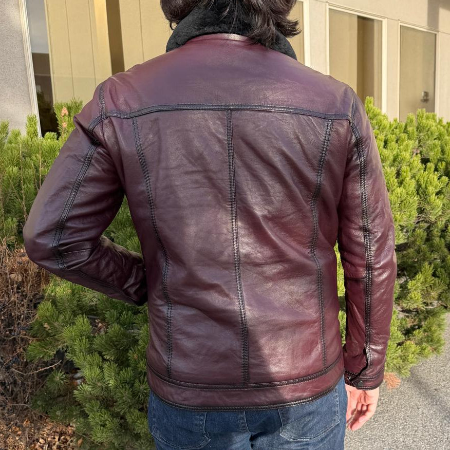 Men's Sheep Leather Jacket with Removable Fur Collar