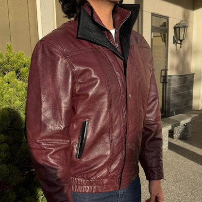 BOL Men's Double Collar Leather Bomber Jacket