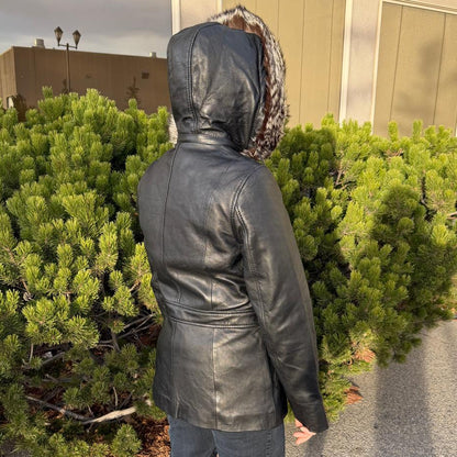 Women's Sheepskin Leather Jacket with Real Fox Fur Trim