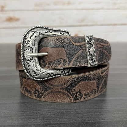 Keldon Men's Western Belt Embossed Leather with Bull Design and Removable Silver Buckle