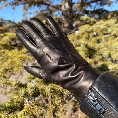 Women's Drum Dyed Lamb Leather Gloves with Luxurious Rabbit Fur Trim