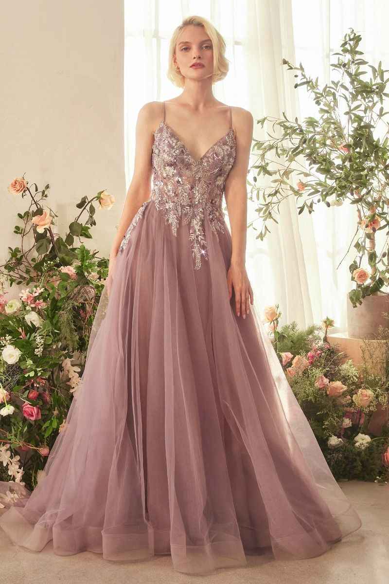 ENGLISH VIOLET A-LINE LAYERED TULLE GOWN