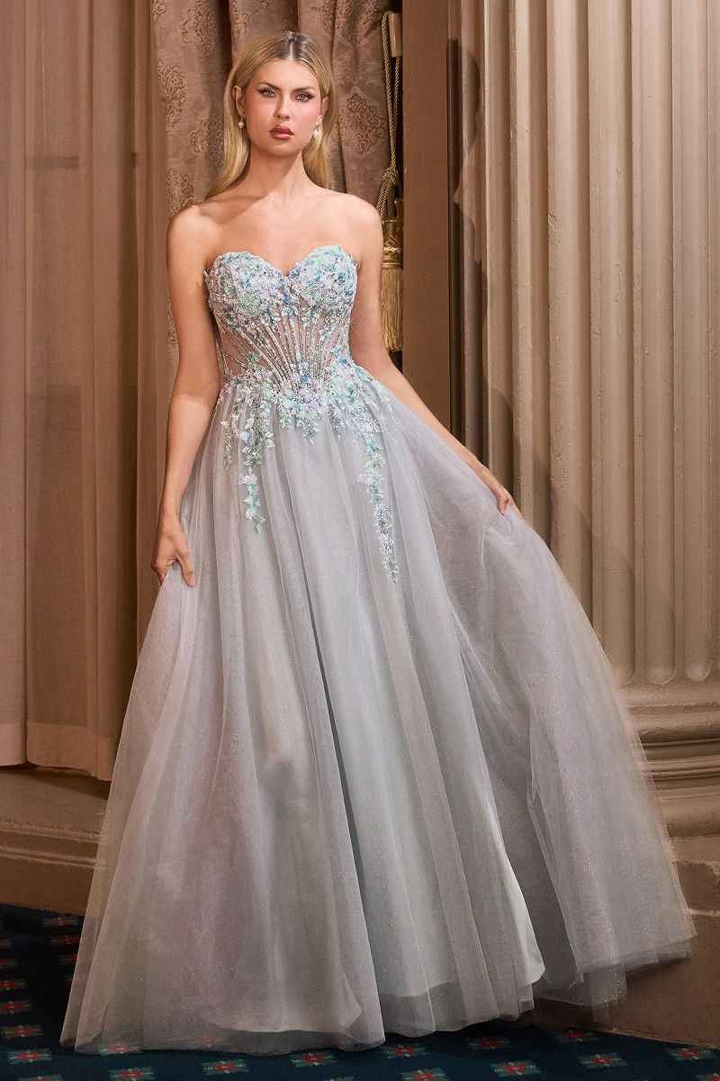 Delicate beaded floral motif & layered glitter tulle