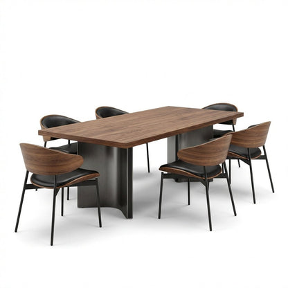 Aero Curve Essgruppe mit Walnussholz und Leder, inkl. 6 Stühlen