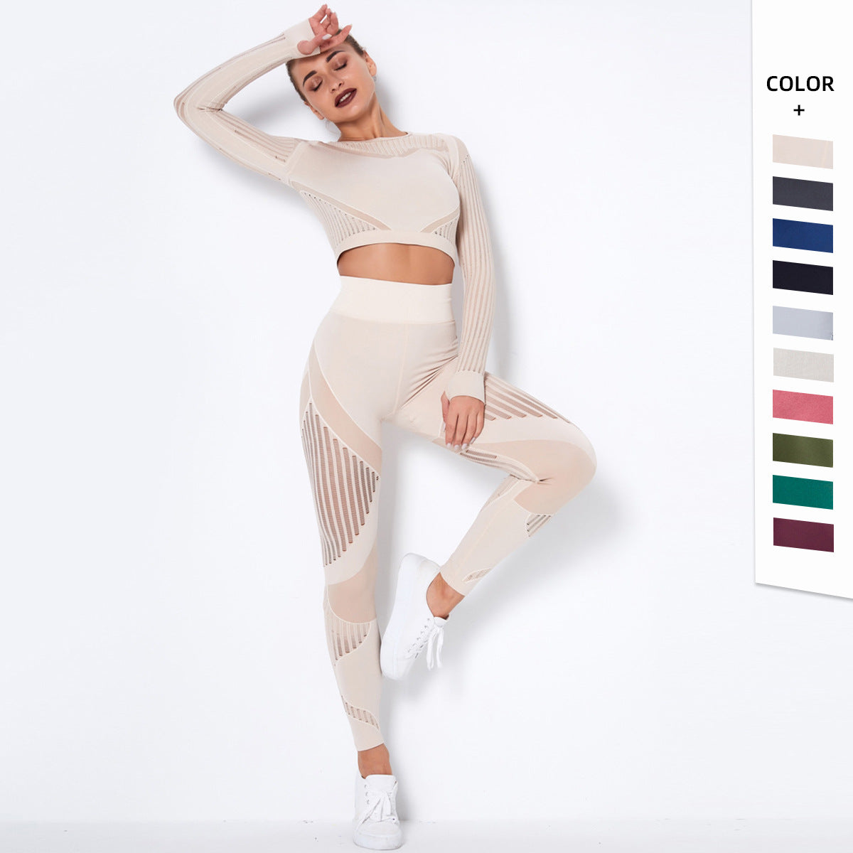 Women’s Seamless Knitted Long-Sleeve Yoga Set – Absorbent Workout Activewear