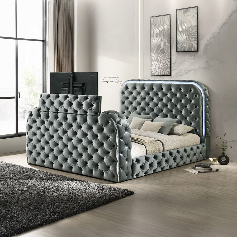 Tagus Smart Platform Bed with LED/ Fireplace/ TV Stand - Grey