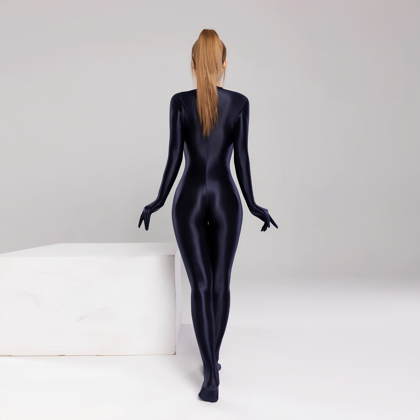 Spandex Nylon Full Bodysuit Zentai Shinny Cosplay Jumpsuit Attached Gloves