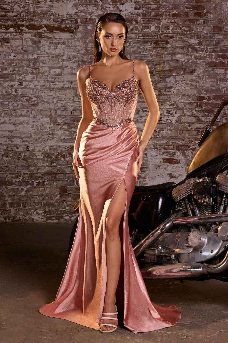 Beaded mesh bodice & glitter stretch satin