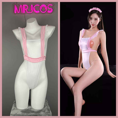 Sexy Maid Sheer Halter Bodysuit Lingerie Set with Headband