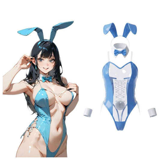 Bunny Girl PU Leather See Through Cosplay Bodysuit Costume Lingerie