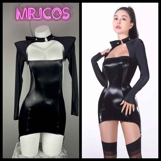 Gothic Long Sleeves Spandex Leather Garter Belt Tight Party Dress Lingerie