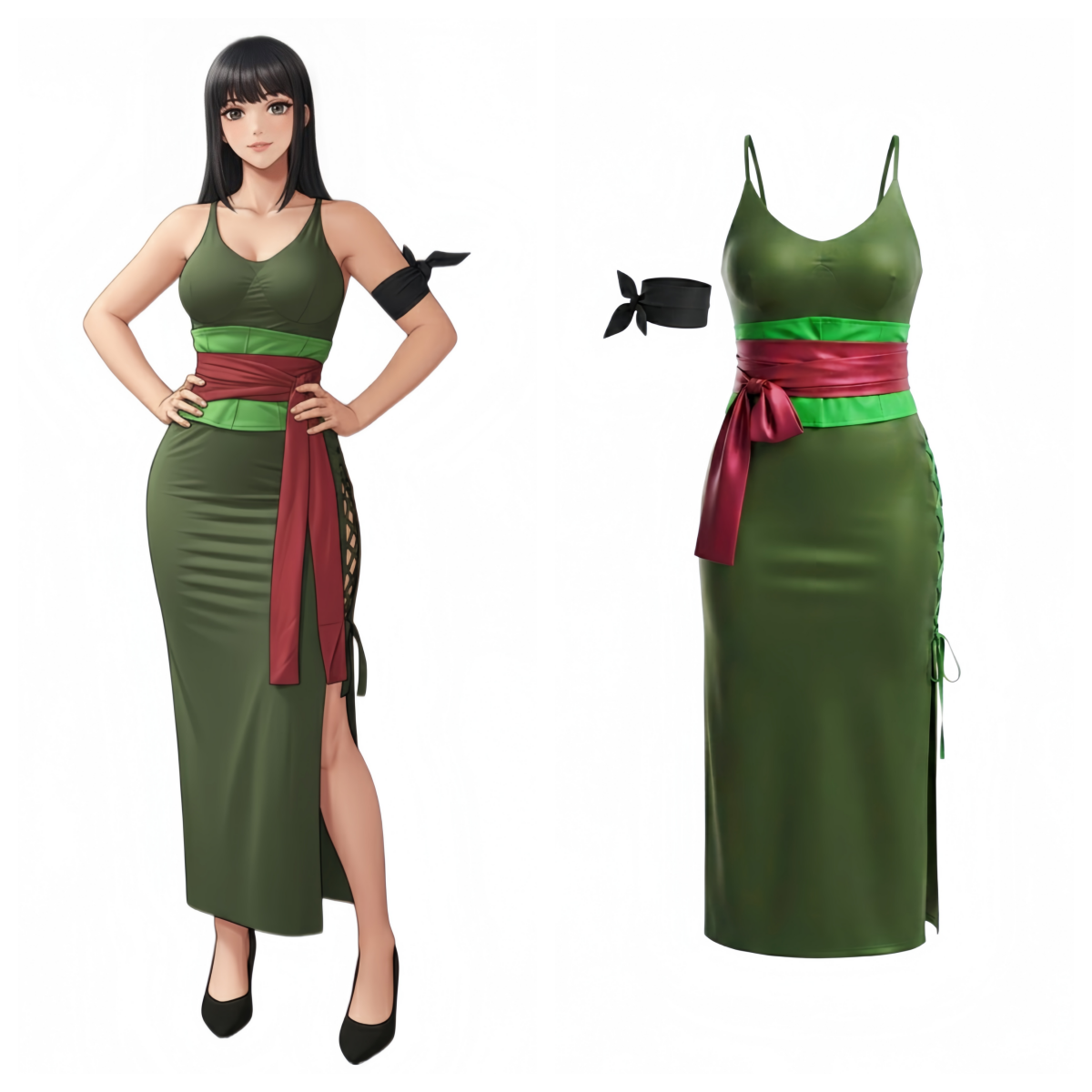 Female Zoro Cosplay Green Sleeveless High-slit Long Dress Halloween Costume