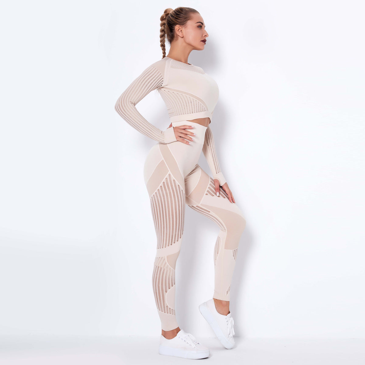 Women’s Seamless Knitted Long-Sleeve Yoga Set – Absorbent Workout Activewear