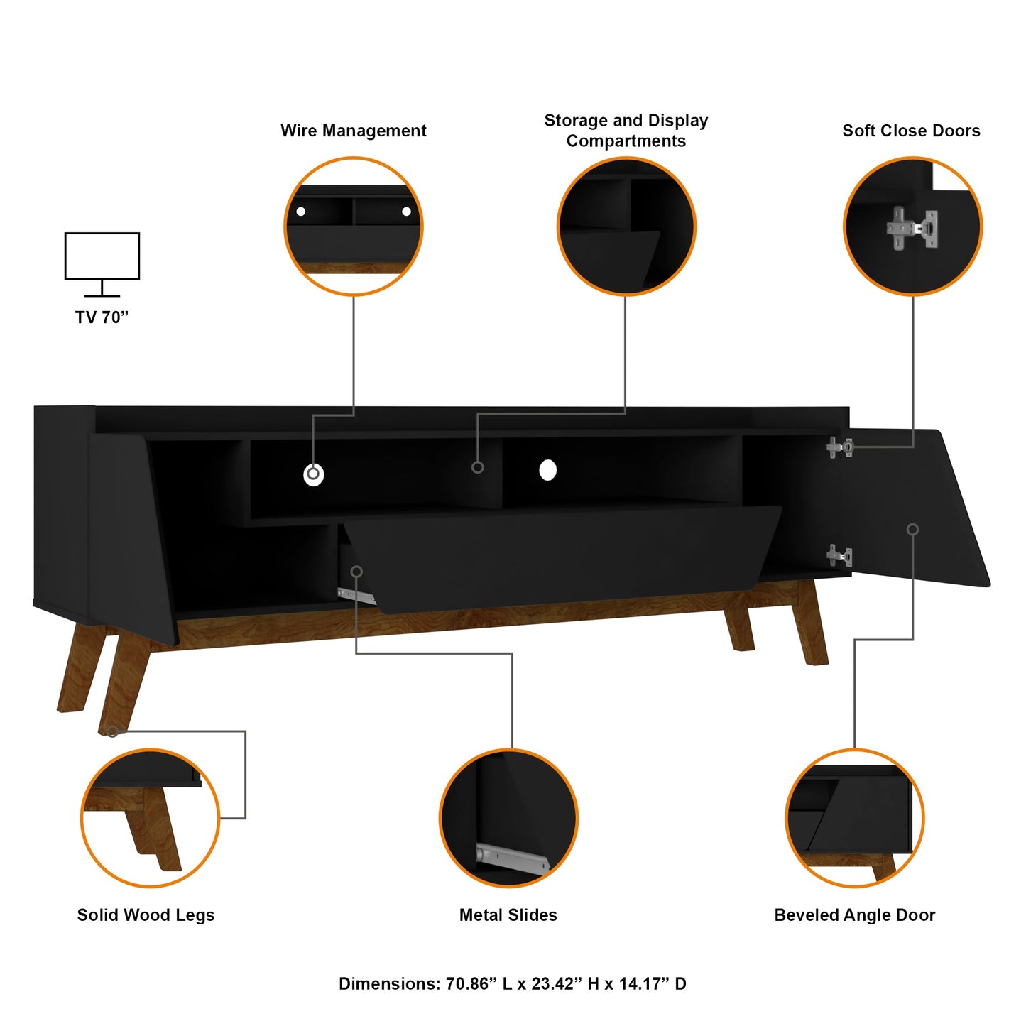 Malmo Modern 70.8" TV Stand with 2 Drawers - Black/Brown