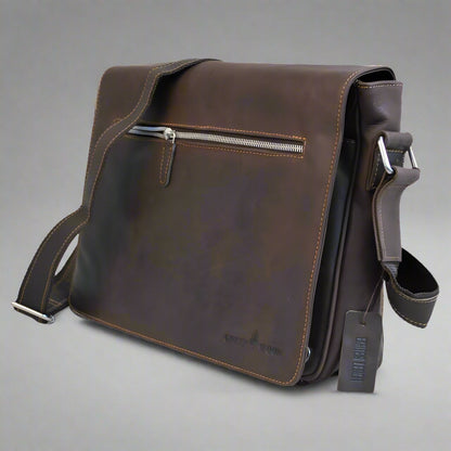 Greenwood Leather Laptop Bag. Premium Waxed Pull-Up Leather Messenger Bag