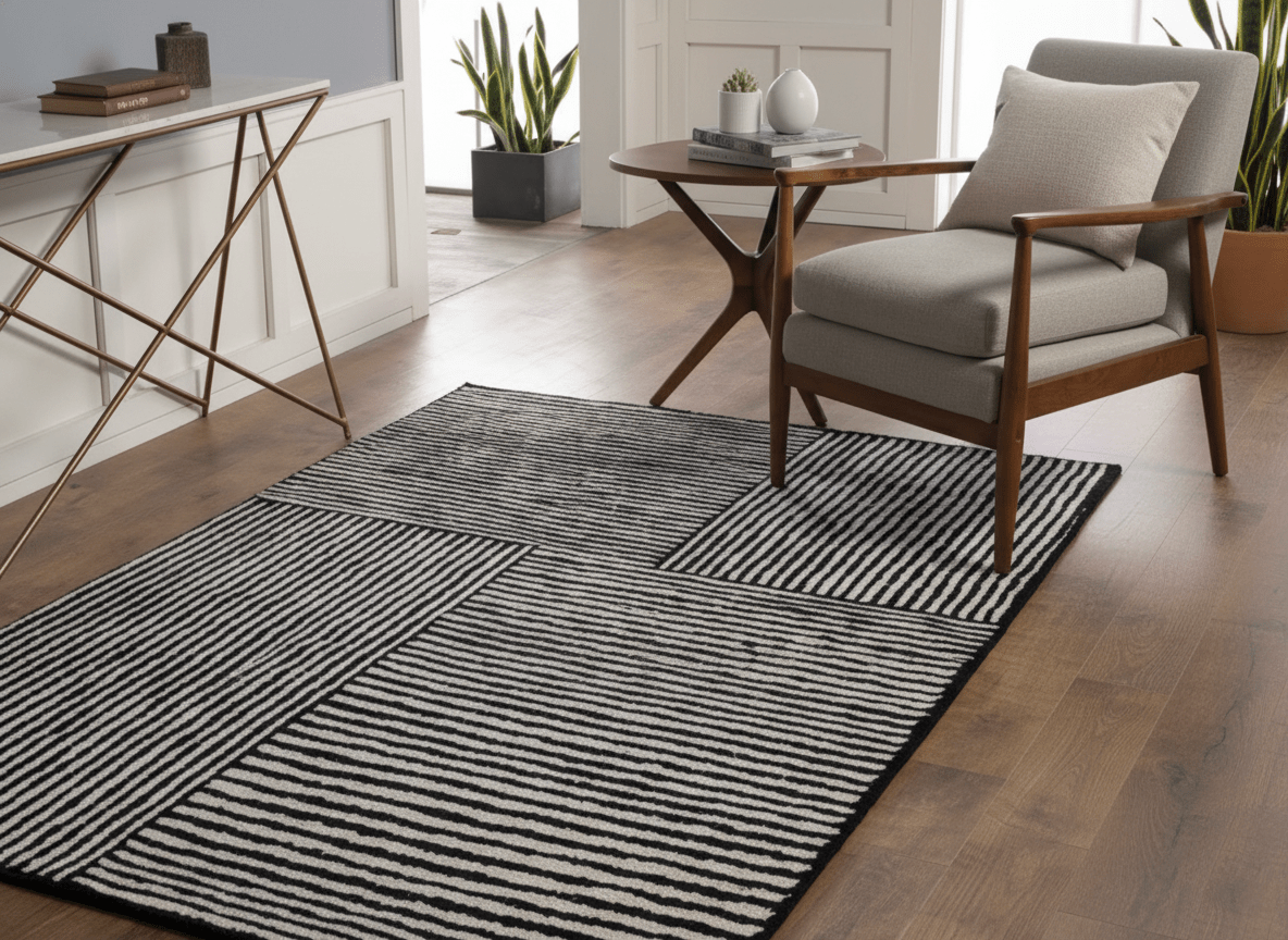 Monochrome Teppich mit geradlinigem Blockmuster