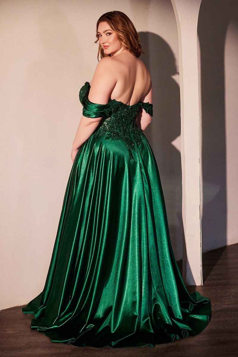 OFF THE SHOULDER LACE & SATIN A-LINE DRESS