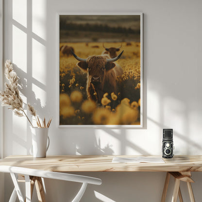 Wandbild Highland-Rinder auf Blumenwiese