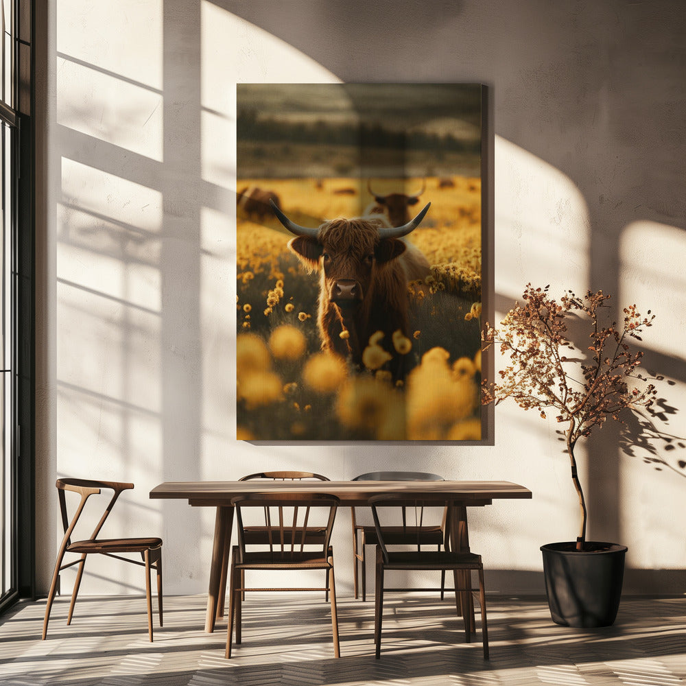 Wandbild Highland-Rinder auf Blumenwiese
