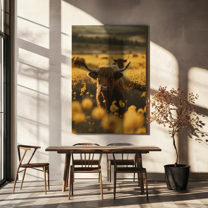 Wandbild Highland-Rinder auf Blumenwiese