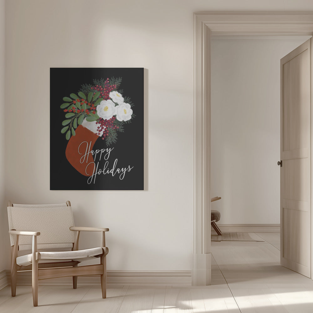 Wandbild Blumen Strumpf Frohe Feiertage in Schwarz Leinwandbild