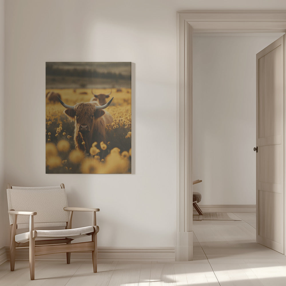 Wandbild Highland-Rinder auf Blumenwiese