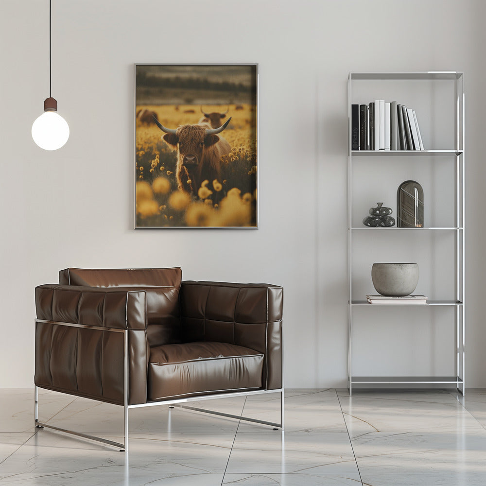 Wandbild Highland-Rinder auf Blumenwiese