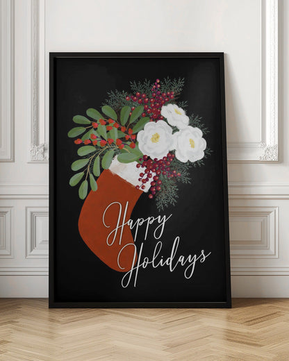 Wandbild Blumen Strumpf Frohe Feiertage in Schwarz Leinwandbild