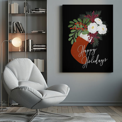 Wandbild Blumen Strumpf Frohe Feiertage in Schwarz Leinwandbild
