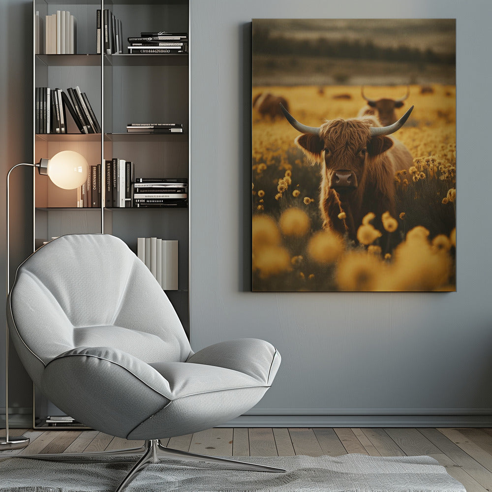 Wandbild Highland-Rinder auf Blumenwiese
