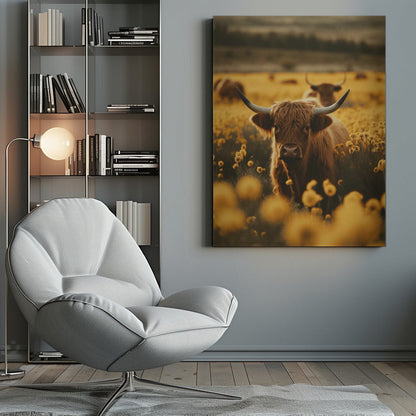 Wandbild Highland-Rinder auf Blumenwiese