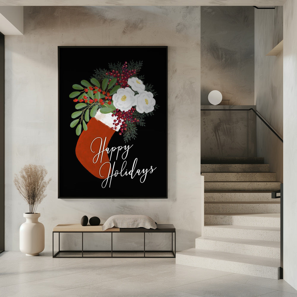 Wandbild Blumen Strumpf Frohe Feiertage in Schwarz Leinwandbild