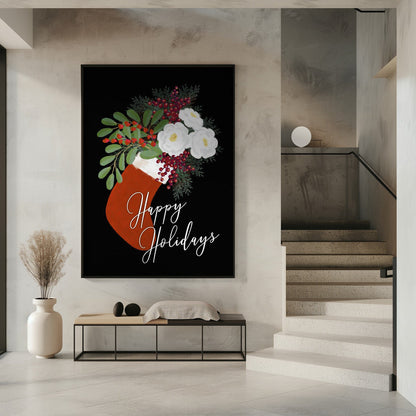 Wandbild Blumen Strumpf Frohe Feiertage in Schwarz Leinwandbild