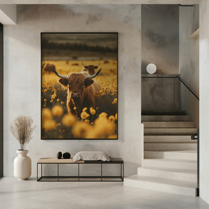 Wandbild Highland-Rinder auf Blumenwiese