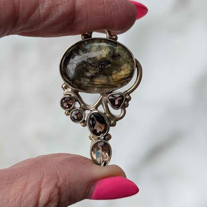 Labradorite & Smoky Quartz Pendant — One-of-a-Kind Sterling Silver Statement