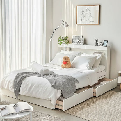 Vienna Wooden Bed with Storage Drawers & Integrated Power Outlets (White)