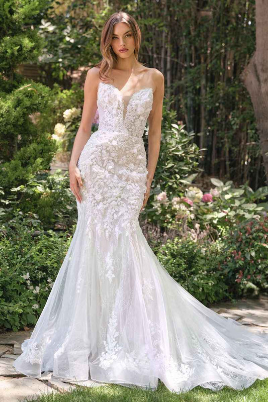 mermaid gown features a strapless lace-up closure for adjustable support